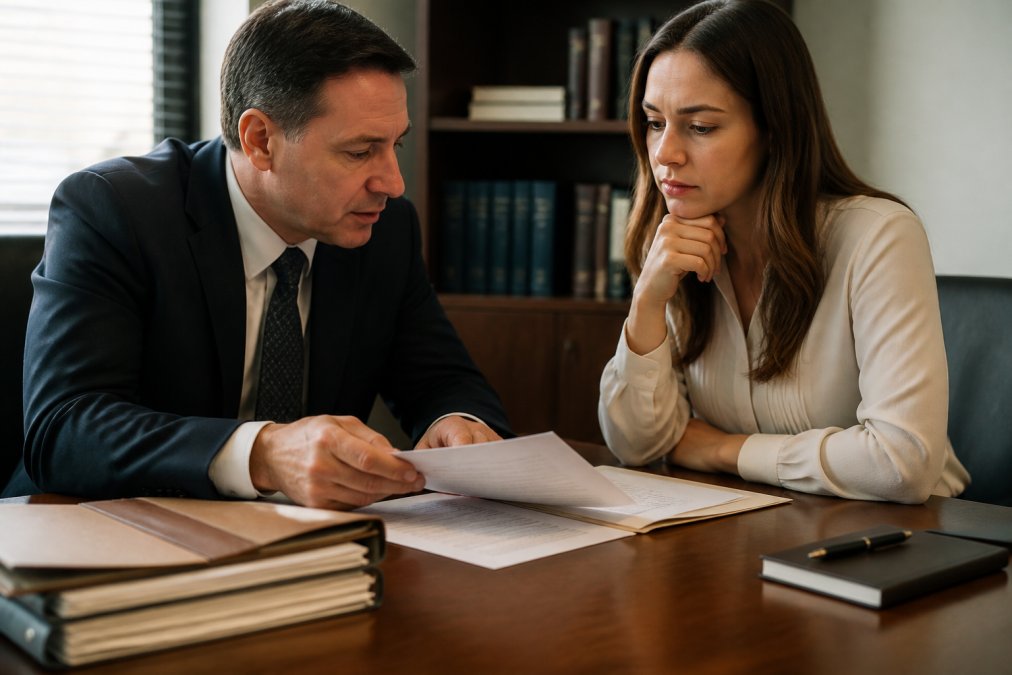 Business professional meeting with an attorney in an office setting, reviewing employment documents and discussing termination matters at a wooden desk