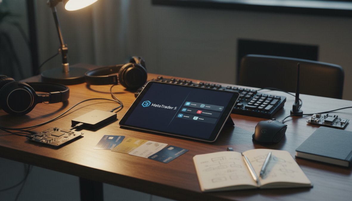 A focused trader sitting at a multi-monitor trading desk displaying MetaTrader 5 charts and indicator panels, screens reflecting in eyeglasses, dimly lit home office at night with a single desk lamp casting warm light
