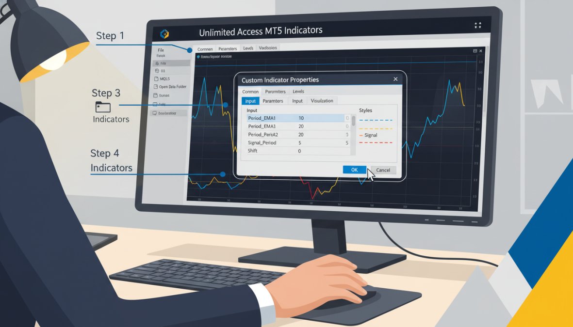 Close-up of a trader's hands navigating the MetaTrader 5 platform on a desktop monitor, with the indicator settings dialog open on screen, warm desk lamp lighting in a home trading office setup
