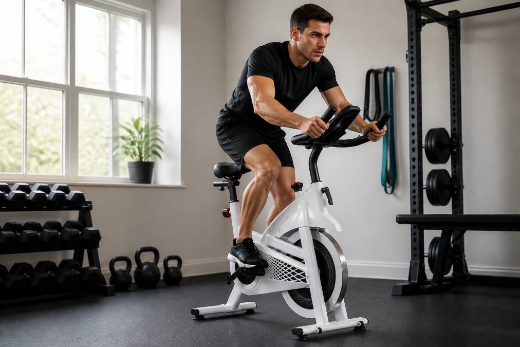 Person using adjustable exercise bike in bright modern home gym with dumbbells and kettlebells visible in background, natural window lighting