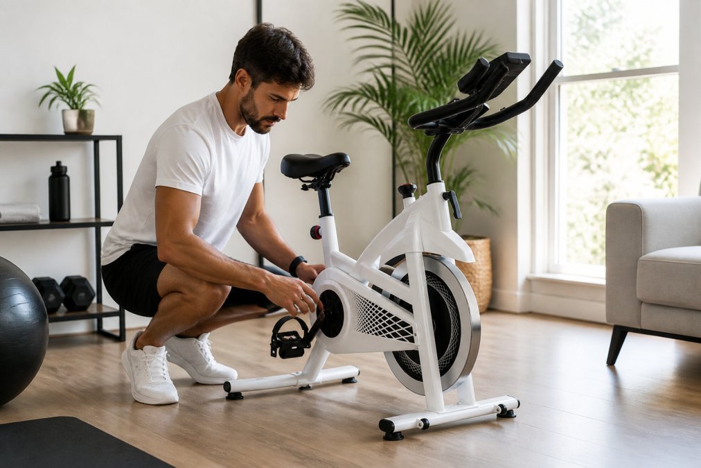 Athlete preparing equipment before workout, checking gear condition with focused determination in home training space with natural lighting