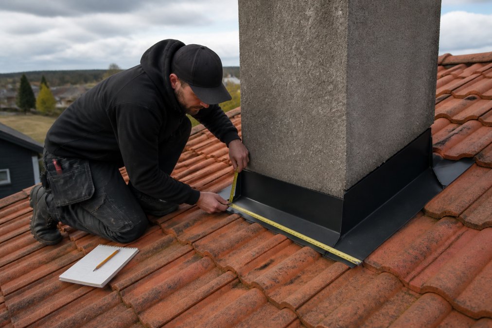 A skilled roofer crouching on a tiled roof, carefully measuring around a chimney base with a metal tape measure, with a notepad and pencil nearby on the tiles