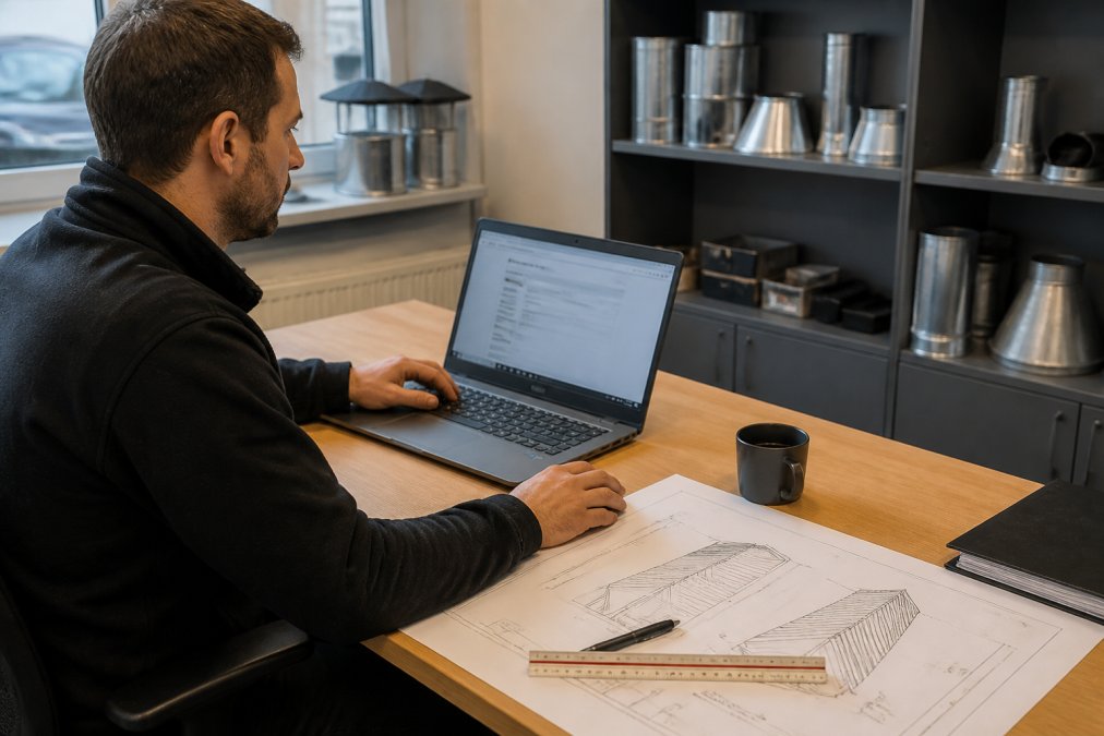 A construction estimator sitting at a desk with a laptop open showing an online ordering form, with printed technical drawings and a coffee cup on the desk beside them