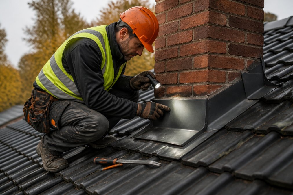 A roofer in high-visibility safety vest and helmet crouching on a steep pitched roof, closely examining metal flashing around a brick chimney with a flashlight and inspection tools laid on the roof surface beside him, afternoon daylight
