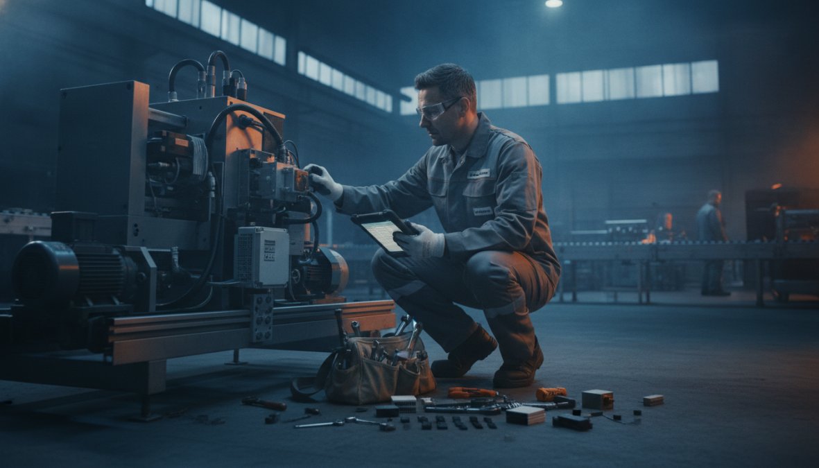 Manufacturing technician performing equipment inspection on industrial machinery in a factory floor, using digital tablet to log maintenance data