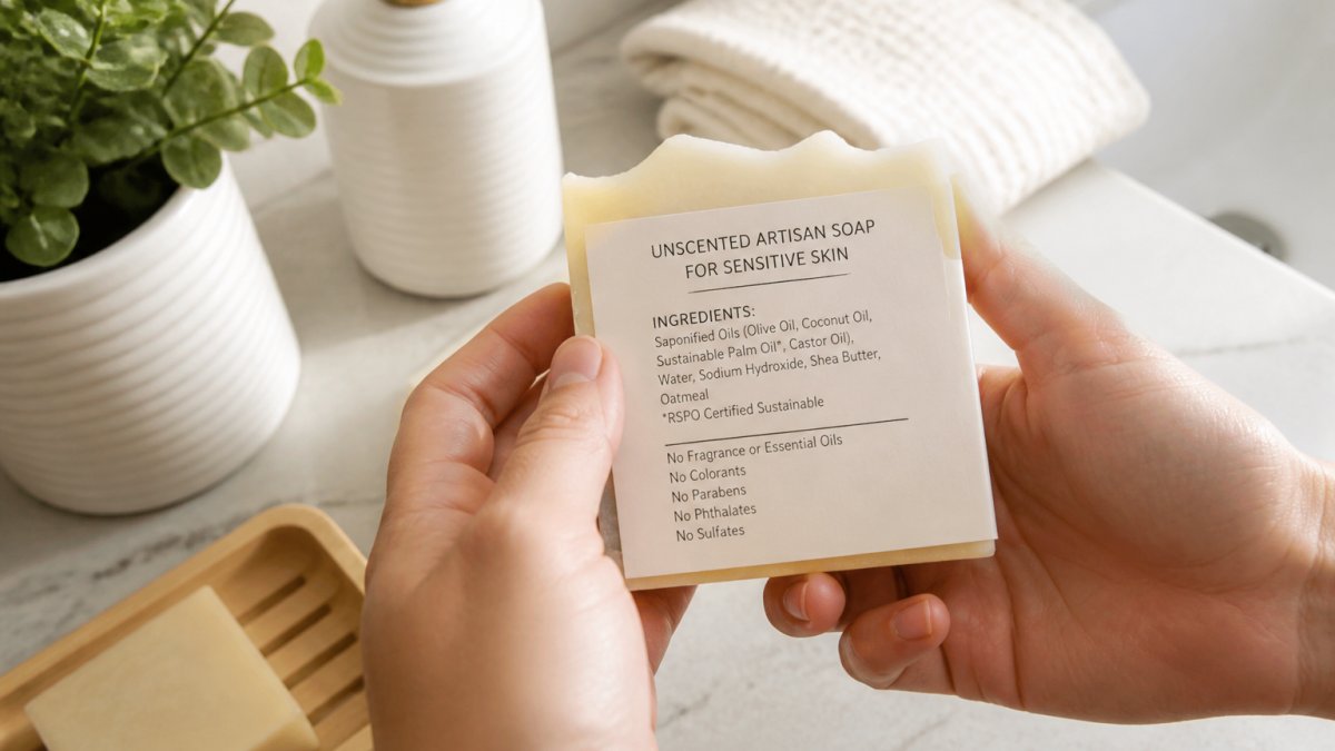 Close-up of hands holding a bar of unscented artisan soap with a clean label visible, showing ingredient list clearly, near a bathroom counter with natural light