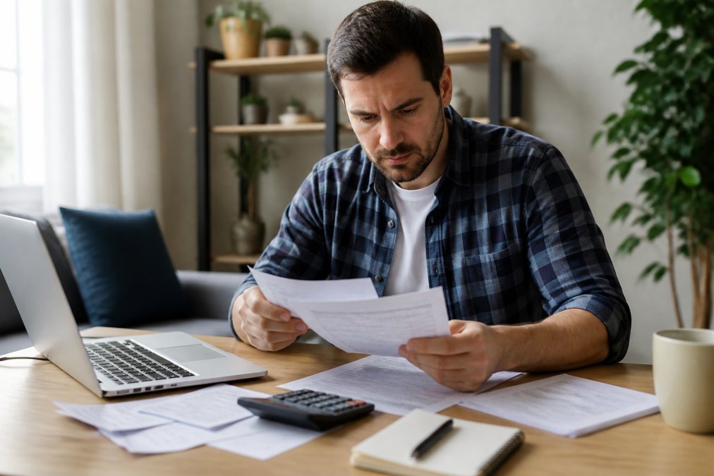 Small business owner reviewing bank statements and documents at a desk with a laptop and calculator nearby