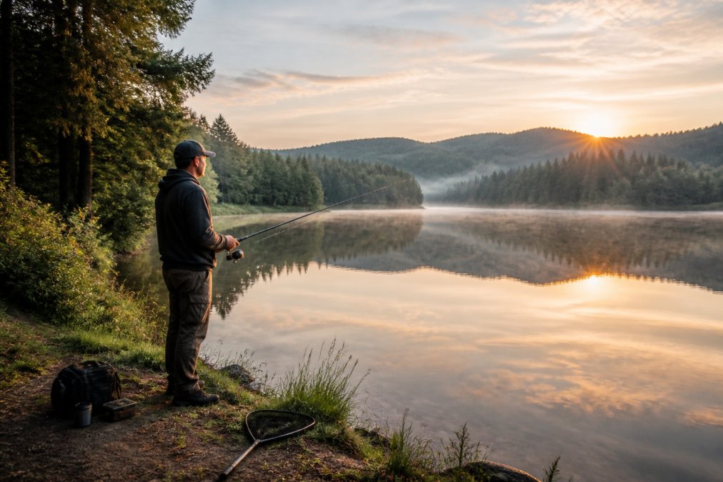 Klidné jezero v regionu Waldviertel za úsvitu, na břehu stojí rybář s prutem, obklopený mírnými kopci a hustým lesem