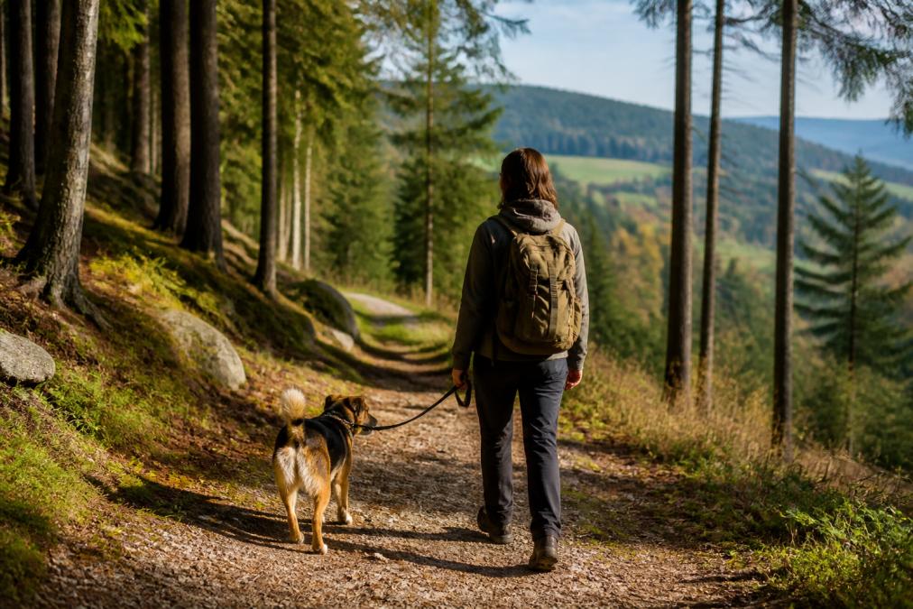 Egy ember egy közepes méretű kutyával egy kijelölt erdei ösvényen a Waldviertelben, háttérben enyhe dombok és vegyes erdő, lágy délutáni fény, nyugodt séta