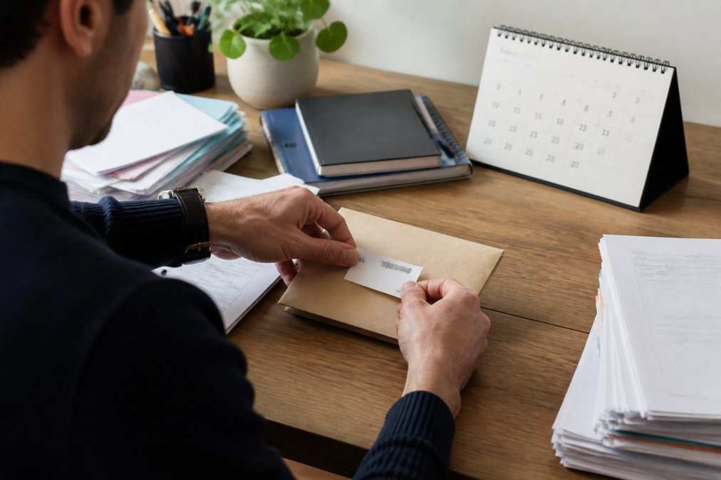 Eine Person legt unterschriftsfertige Steuerunterlagen in einen Umschlag und klebt ein Einschreiben-Etikett auf, auf einem Schreibtisch mit einem Kalender und einem Laptop