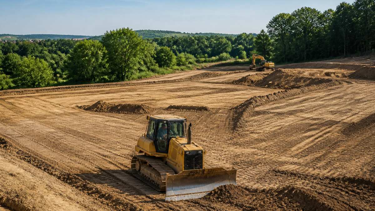 Heavy machinery performing cut-and-fill work on a sloped site to determine the cost of professional site grading.