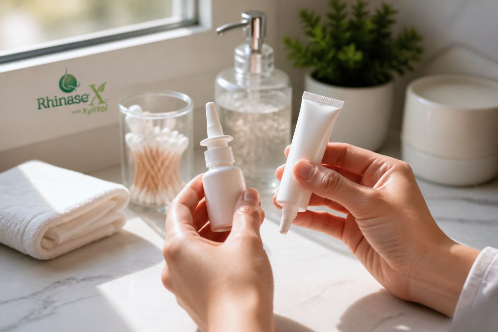 Hands holding a nasal spray bottle and a soothing gel tube on a sunny bathroom counter