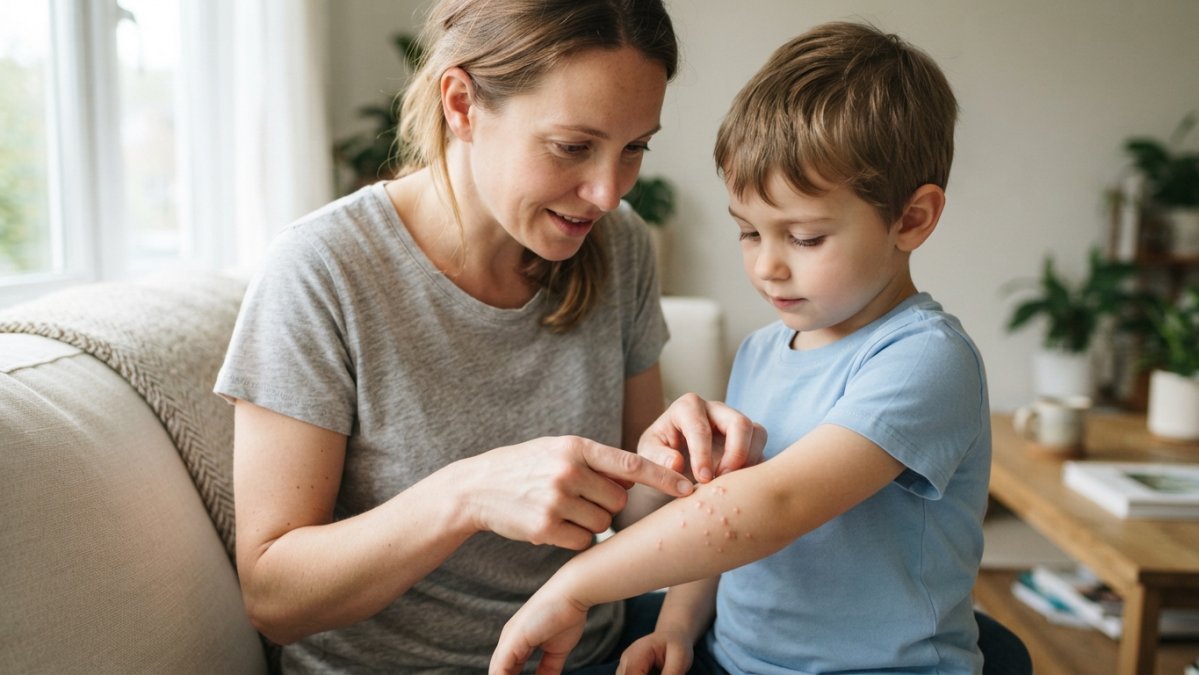 A parent gently examining a small cluster of molluscum bumps on a young child's arm in soft natural light, with a calm and reassuring mood