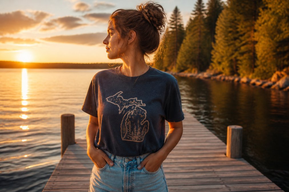 A person wearing a vintage-style Michigan graphic tee standing on a wooden dock by a Northern Michigan lake at sunset, pine trees in the background, warm golden light on the water