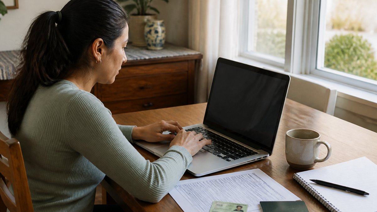 Person using a laptop to update address USCIS naturalization records with documents on their desk at home