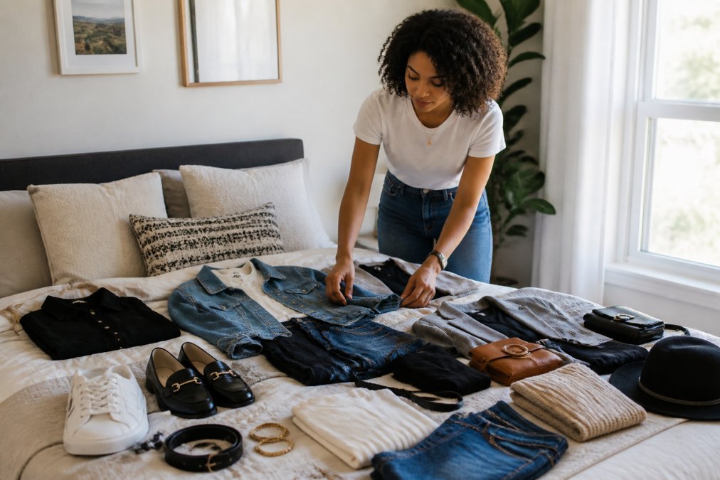 Woman arranging multiple outfit combinations on a bed, showing different ways to mix and match the same pieces with various accessories, layering options, and color coordination in natural window lighting