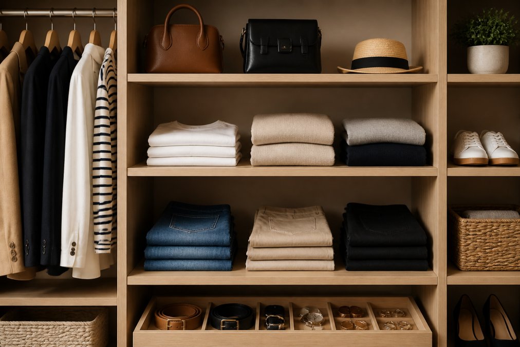 Organized closet display showing folded classic wardrobe staples like neutral blazers, white tees, jeans, and essential accessories arranged neatly on shelves with warm lighting