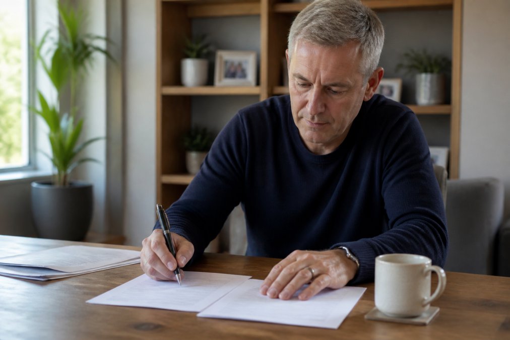 Middle-aged person with a cup of tea reviewing documents while updating a will after divorce at home.