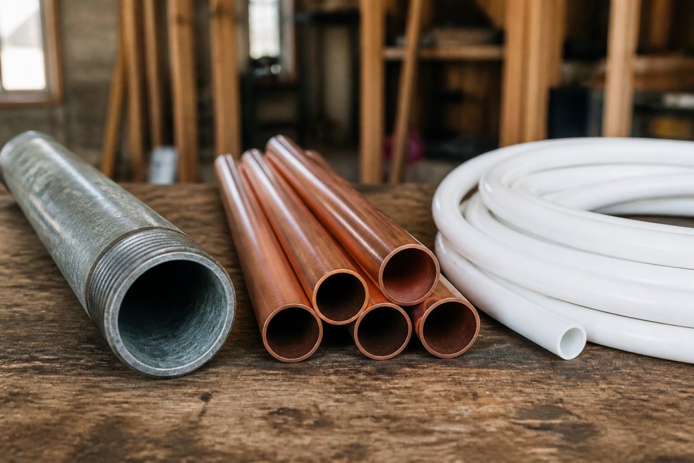 Close-up of three different pipe materials arranged side by side, galvanized steel with visible patina, bright copper tubing, and flexible white PEX tubing, on a workbench with natural lighting