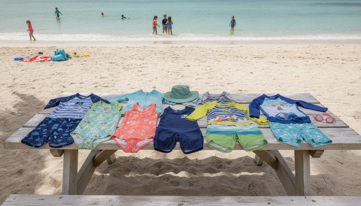 Children wearing colorful, high-visibility UPF swimwear playing happily together in a bright blue pool with sunny weather