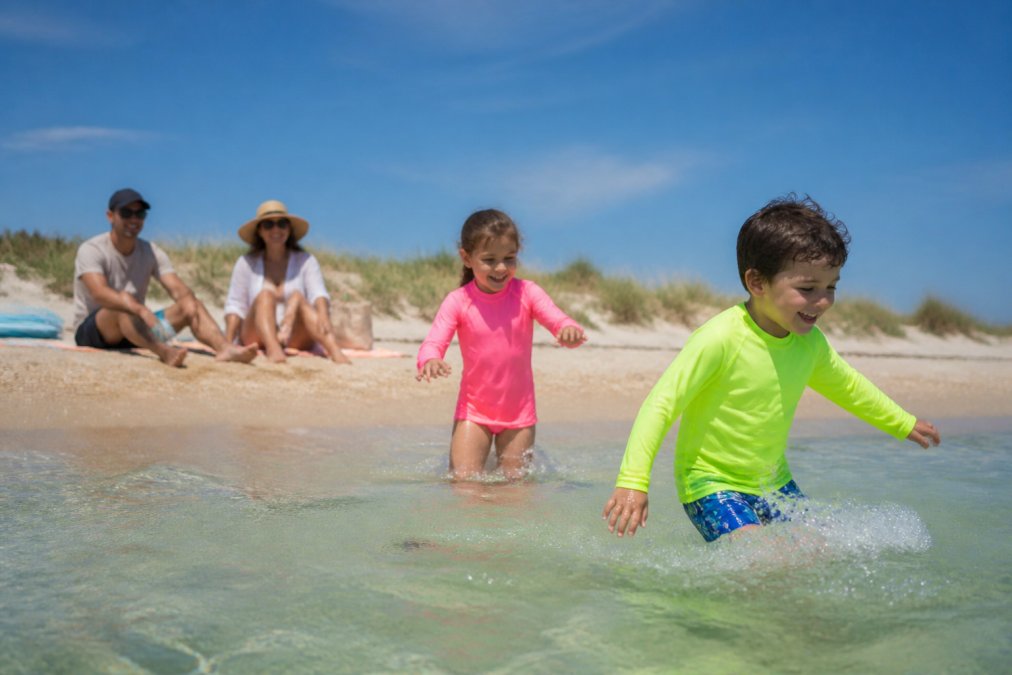 Children wearing bright neon-colored rash guards playing in shallow beach water, with parents watching from nearby on the sand