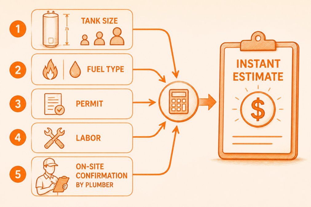 Pencil sketch flowchart showing cost factors flowing into one instant estimate: tank size, fuel type, permit, labor, and on-site confirmation by the plumber