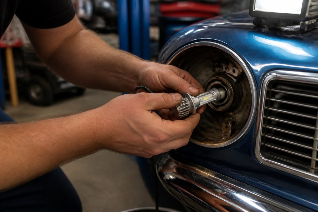Mechanic's hands carefully positioning an LED headlight bulb into a classic car's sealed beam housing, showing the precise alignment of the bulb connector and reflector bowl under a work lamp