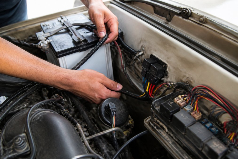 Technician's hands routing a relay harness wire from the battery through the engine bay, showing the relay module mounted near the fuse box and the color-coded connectors for the headlight circuit