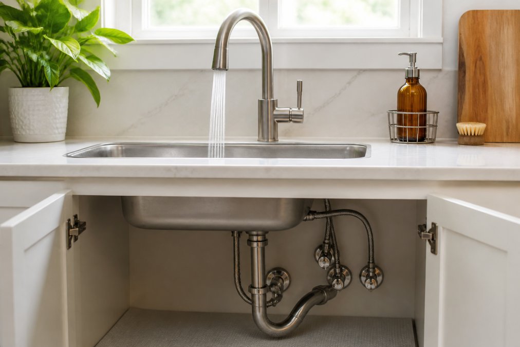 Modern kitchen sink with brushed nickel faucet installed, showing clean countertop and organized area underneath with proper water pressure demonstration