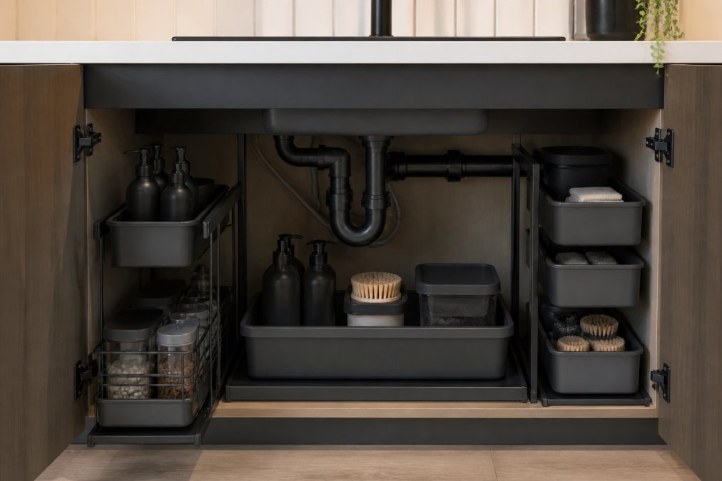 Under-sink cabinet with organized waterproof storage containers, pull-out baskets, and drain assembly clearly visible, showing efficient use of tight plumbing space with matte black finishes