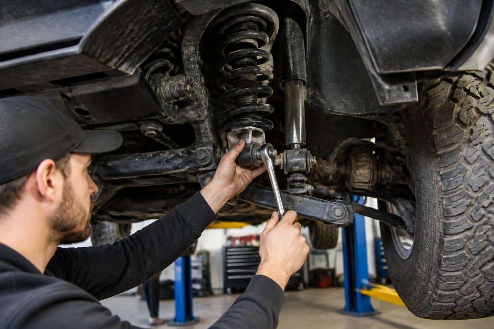 Technician using socket wrench on suspension components under lifted SUV in garage workshop, close-up of hands working on coil spring and shock absorber assembly