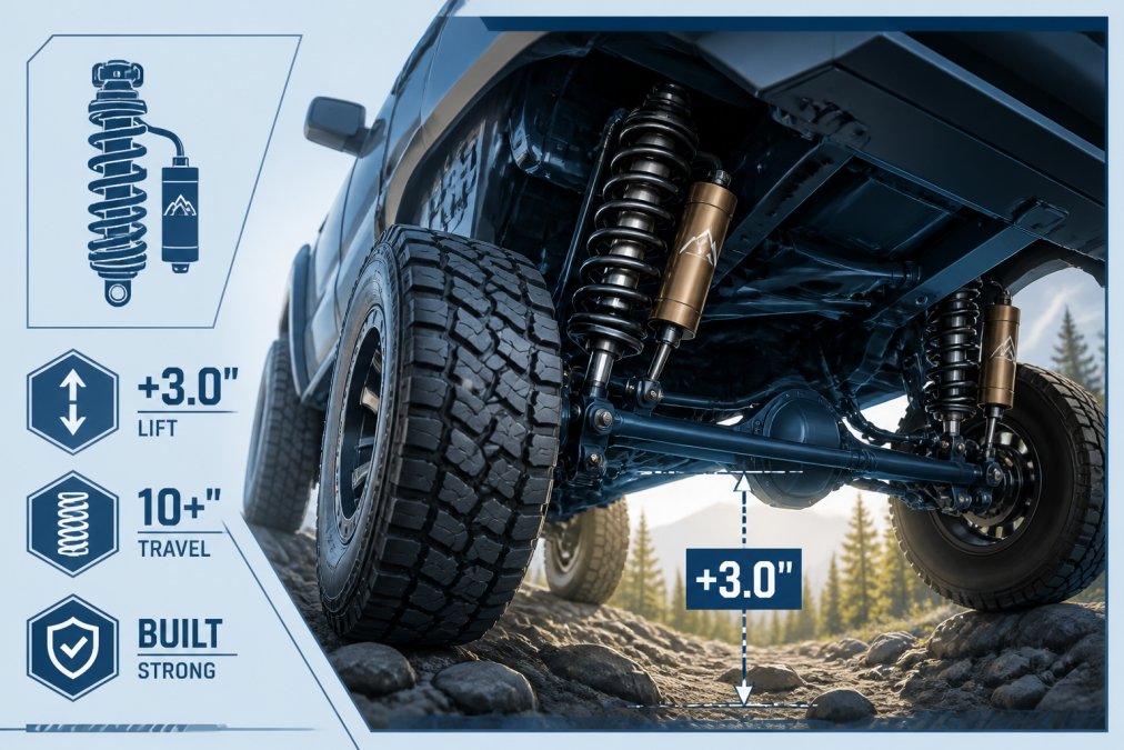 Close-up of lifted truck suspension showing coil-over shocks with bronze-colored reservoirs and increased ground clearance, viewed from underneath on a rocky trail with sunlight filtering through
