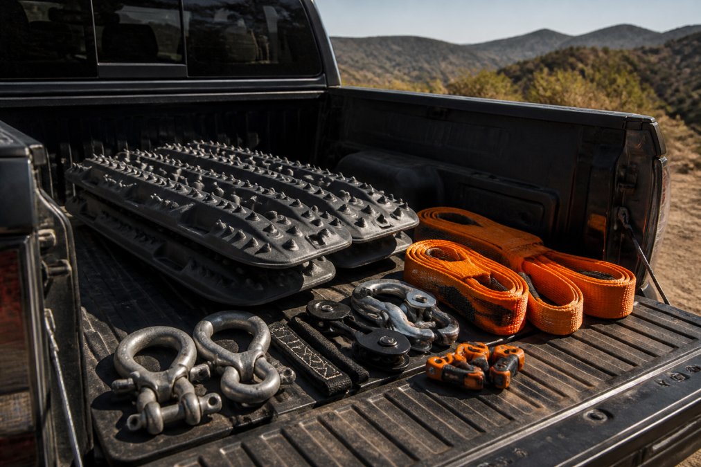 Laid-out recovery gear organized on truck bed in morning sunlight, including MAXTRAX xtreme recovery tracks in gunmetal gray, steel shackles, orange synthetic recovery straps, and rigging hardware arranged for inspection