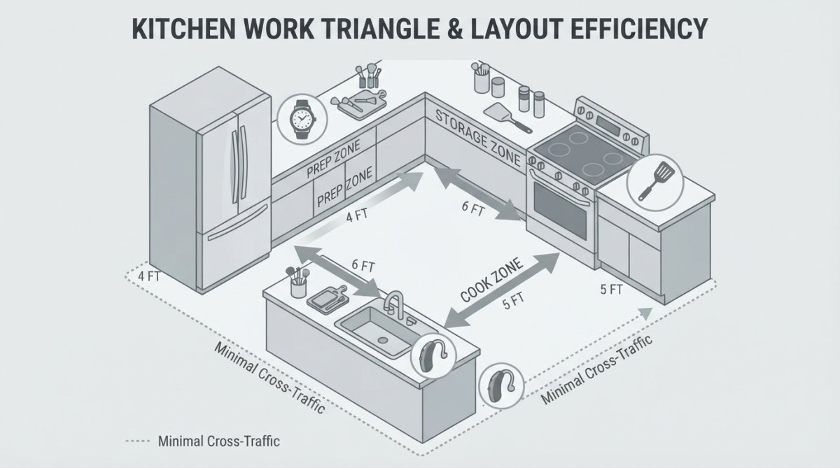 Modern kitchen with stainless steel appliances showing clear work triangle between refrigerator, stove, and sink with minimal cross-traffic and organized countertops
