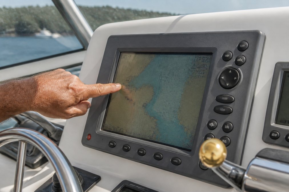 Close-up of an aging chartplotter display mounted on a boat helm showing a faded, pixelated screen with reduced brightness and contrast, a boat captain's weathered hand pointing at the dim display in bright daylight