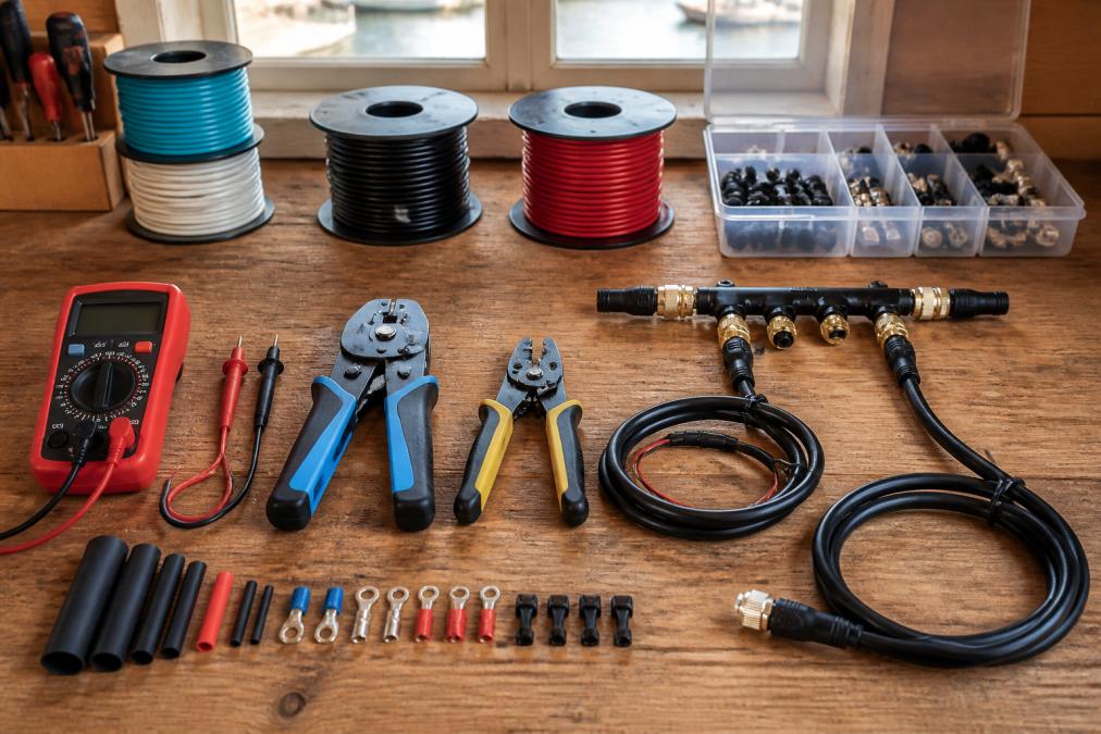 Boat owner's workbench with marine-grade wiring spools, cable crimpers, multimeter, NMEA 2000 connectors, and heat shrink tubing organized in rows on wooden surface with natural window lighting
