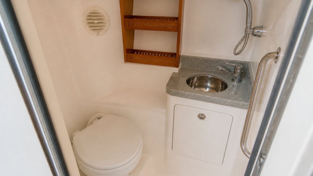 Compact marine head and shower compartment featuring teak shelving and stainless fixtures for upgrading cabin amenities on