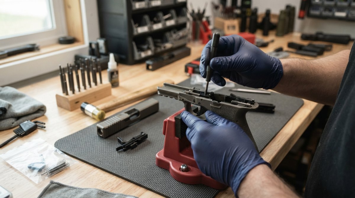 Close-up of hands installing a drop-in trigger kit into a striker-fired pistol on a workbench with small tools and a punch set nearby