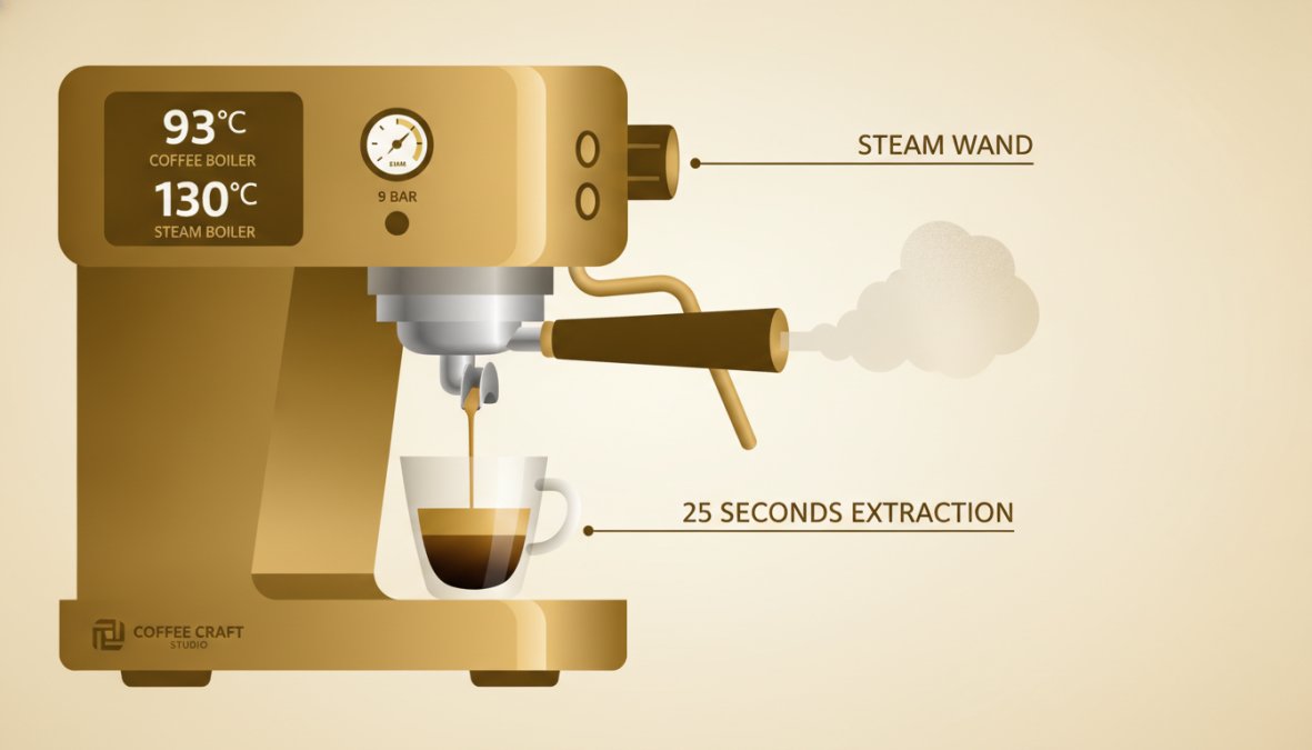 Close-up of a dual boiler espresso machine's control panel with PID display and steam wand actively producing steam during milk frothing, with espresso group head in the background