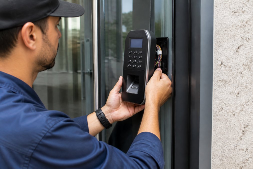 Close-up of a biometric access control panel being installed on an office building entrance door, with technician's hands positioning the device and connecting wiring to the frame