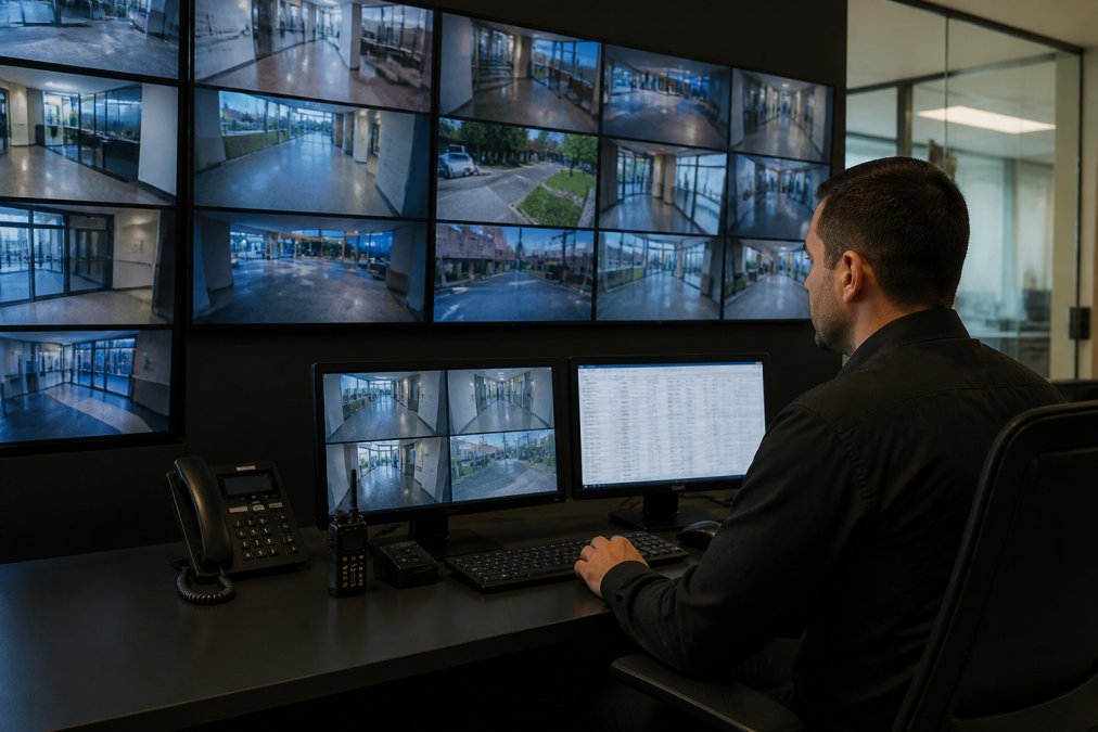Security operations center with multiple monitors displaying live CCTV feeds and access logs from an integrated system, technician monitoring real-time alerts at a control station