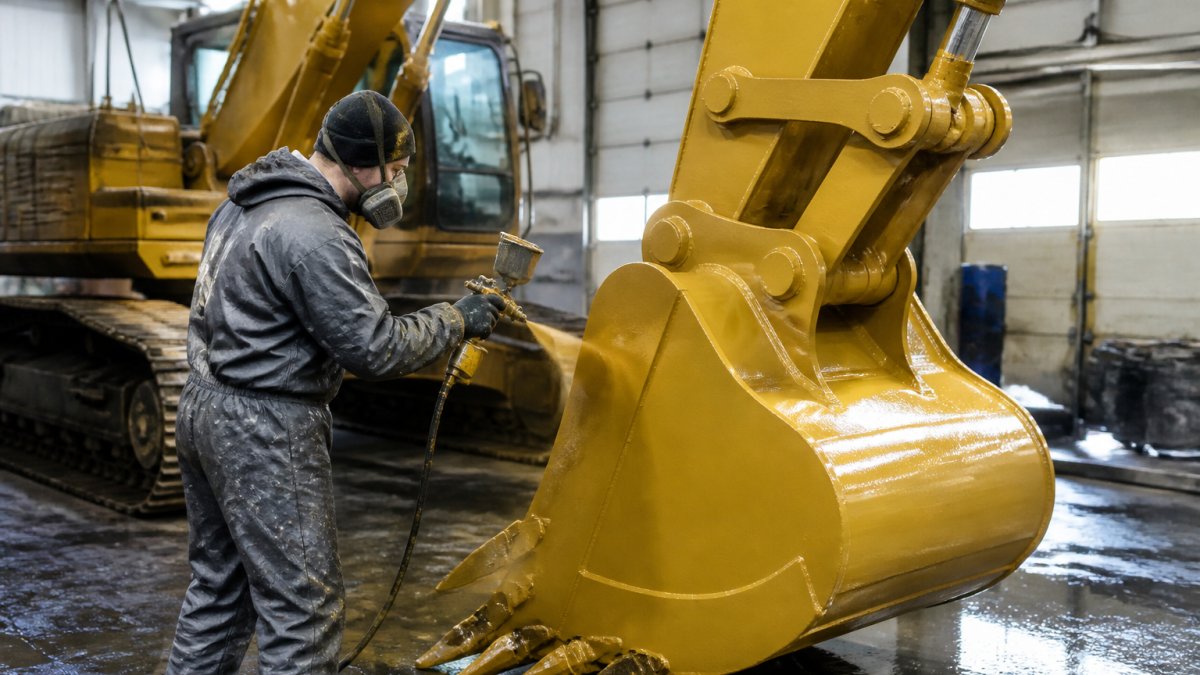 Professional equipment restoration specialist applying fresh paint to excavator bucket and arm in bright workshop setting, showing detailed cosmetic preparation