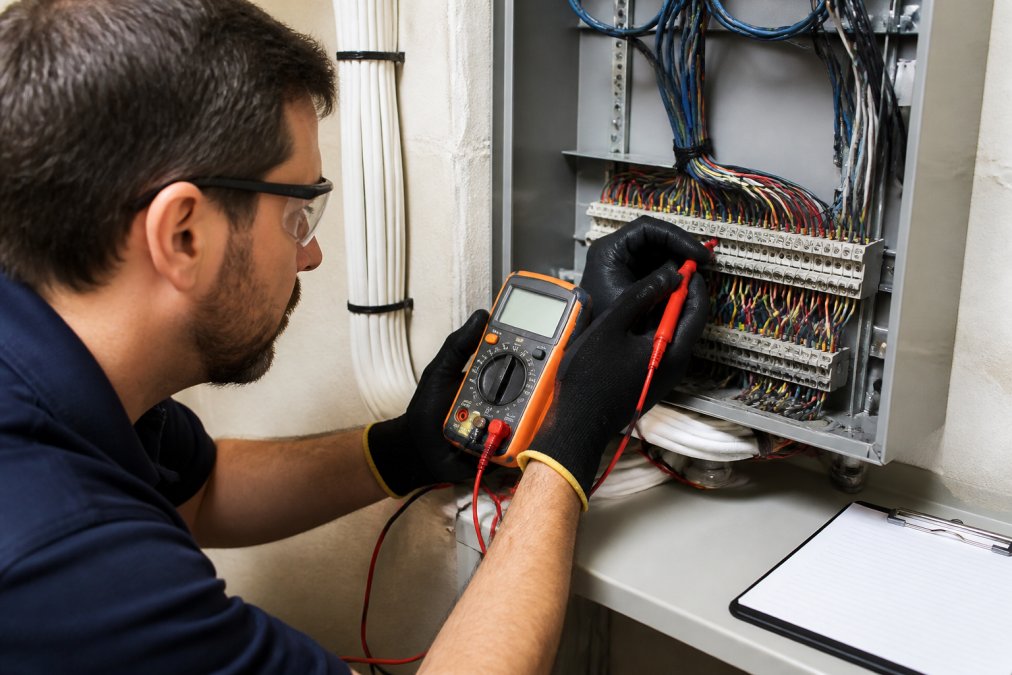 Electrician testing a terminal block with a multimeter while upgrading old low voltage building wiring