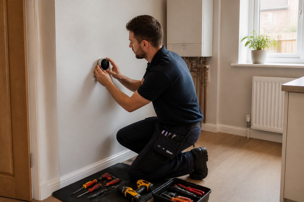 A Gas Safe registered heating engineer in uniform fitting a smart thermostat to a wall in a typical British home, tools on a mat below and a wall-mounted boiler visible in the background, soft daylight from a window