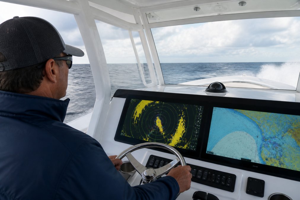Captain at helm of center console yacht during offshore conditions, monitoring modern multifunction display showing radar and AIS data with hands on wheel and ocean horizon visible