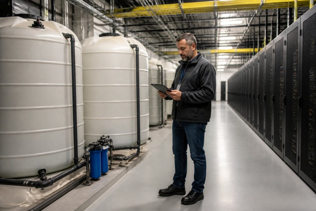 A facility manager in a clean, modern data center checking a tablet while standing near large industrial water storage tanks, with bright overhead lighting and rows of server racks in the background