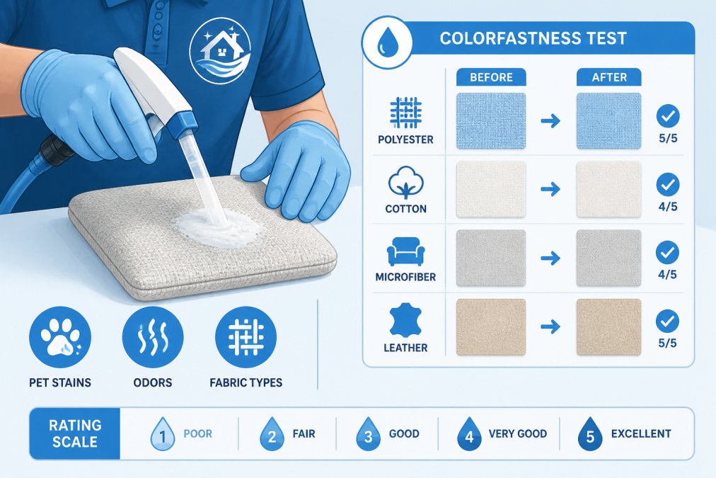 Close-up of a professional technician applying enzymatic cleaning solution to a fabric upholstery sample, with colorfastness test swatches displayed on a table showing color-retention results
