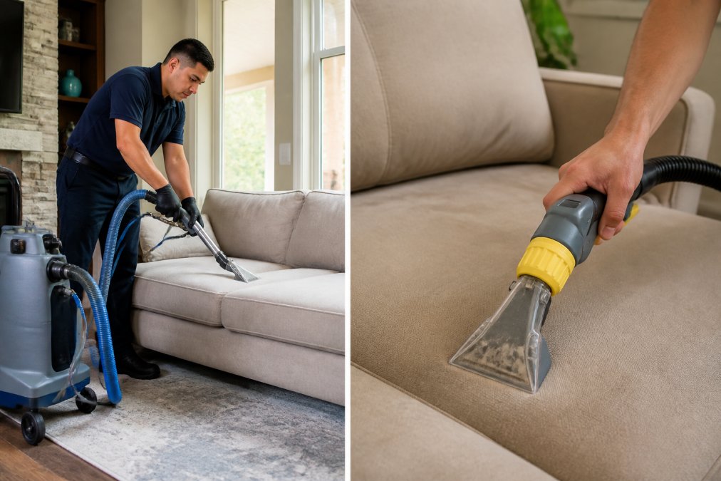 Professional technician using steam cleaning equipment on residential upholstered sofa, demonstrating hot water extraction method with visible moisture extraction and professional-grade machinery in modern living room