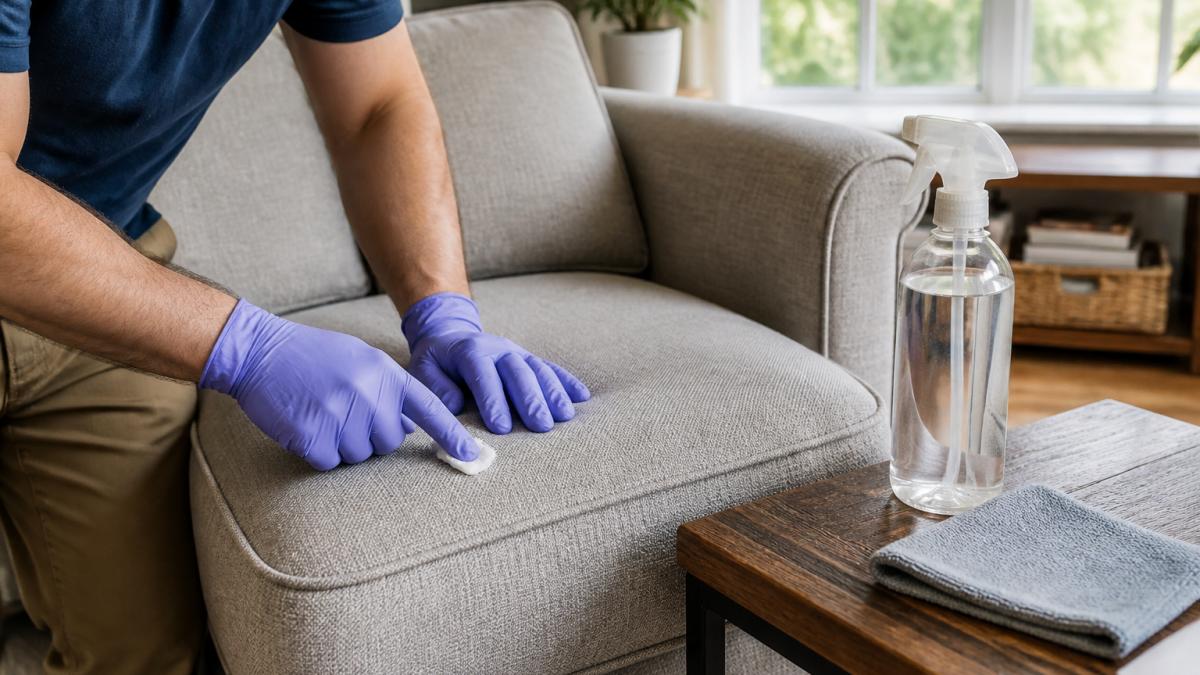 A person wearing gloves testing a cleaning solution on a hidden area of a light gray fabric couch cushion, with a spray bottle and microfiber cloth nearby in a bright living room