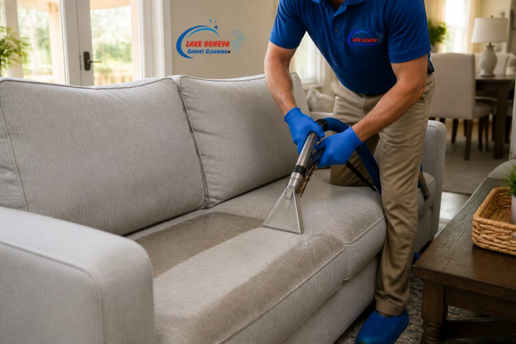 A technician using a wand attachment to clean a light-colored fabric sofa in a bright living room, with visible clean and dirty areas on the cushion